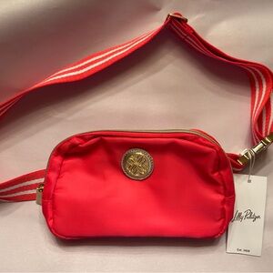 Lilly Pulitzer Pink Nylon‎ Crossbody Belt Bag with Gold Hardware & Stripe Strap
